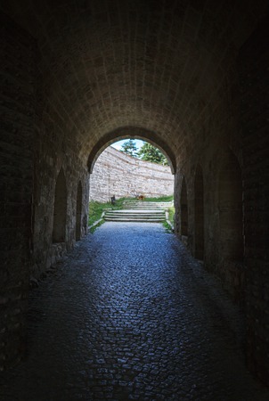 Arch of Belgrade Fortress or Beogradska Tvrdjava consists of the old citadel and Kalemegdan Park on the confluence of the River Sava and Danube, in an urban area of modern Belgradeの写真素材