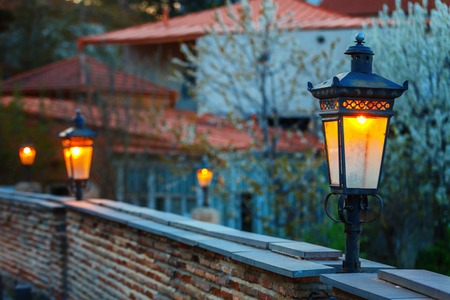 Magic Street lanterns and View of Signagi street in Alazani Valley, Caucasus mountain chain. The...