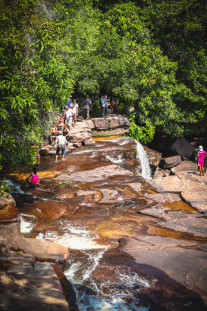 Kbal Chhay Waterfalls near Sihanoukville, Cambodia. Cambodian people love to rest in Bangalows near waterfallのeditorial素材