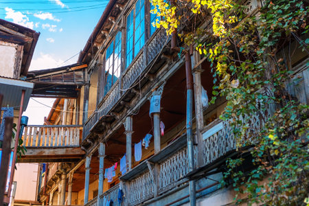 Tbilisi, Georgia - 8 October 2016: Exterior of an old house with wood balcony in the old town of Tbilisi, Georgia.のeditorial素材