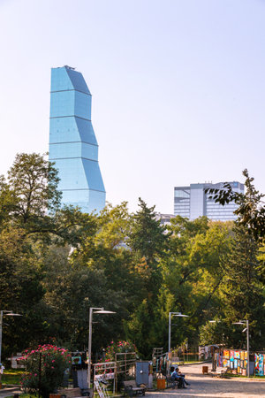 Tbilisi, Georgia - 8 October 2016: Panorama view of Tbilisi. Modern landmark - Biltmore Hotel Tbilisi and a view on Kura riverのeditorial素材