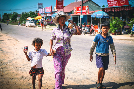 Sihanoukville, Cambodia - January 18, 2015: Cambodian kids play in slum village near Otres Beach in Sihanoukville, Cambodiaのeditorial素材