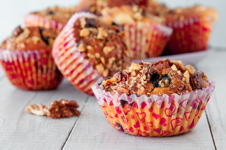 Homemade Nut Muffins Ready to Eat. On a wooden table.の写真素材