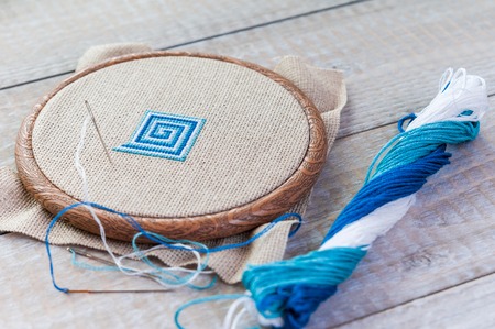 Set for embroidery, embroidery hoop and embroidery thread, selective focusの写真素材