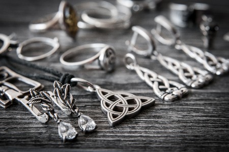Beautiful ethnic Scandinavian Celtic Claddagh Silver jewelry Necklace, Earrings, Braceletsの写真素材