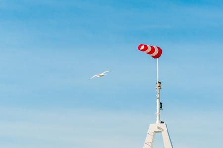 Horizontally flying windsock wind vane with blue sky in the background. Big birds seagulls flying around.の写真素材