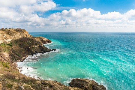 Summer day landscape with the sea and mountainsの写真素材