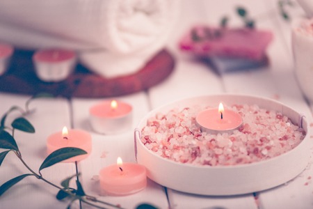 Handmade Salt Peach Scrub With Argan Oil. Himalayan Salt. Toiletries, Spa Set with candles and white...