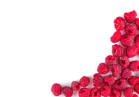 Background of raspberries. Raspberry on white background with copy space. Isolated on white. Summer...