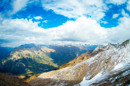 Aerial view from the drone. Summer mountain landscapes of Karachay Cherkessia, Dombay, Western Caucasusの写真素材