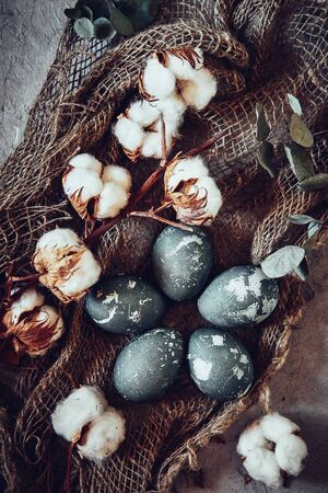 Easter eggs and cotton flowers on grey stone backgroundの写真素材
