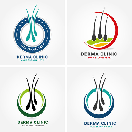 Hair care dermatology logo icon set with follicle medical diagnostics symbols. Alopecia treatment and transplantation concept. Vector illustration.のイラスト素材