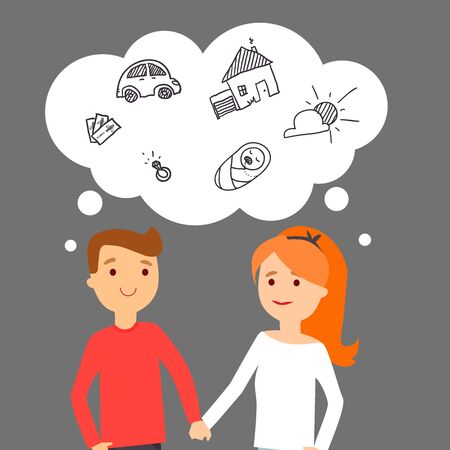 Vector illustration. Boy and girl dream of success together.のイラスト素材