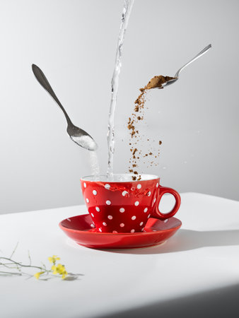 A red coffee cup with white polka dots stands on a white table. white background. The process of making coffee: sugar, coffee, boiling water. Levitation. no people. creative coffee making conceptの写真素材