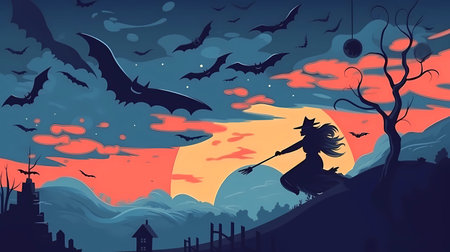 The silhouette of a witch running through the hills towards the houses against the background of the full moon. Flying bats on the blue sky. The concept of Halloween, magic, sorceryの素材