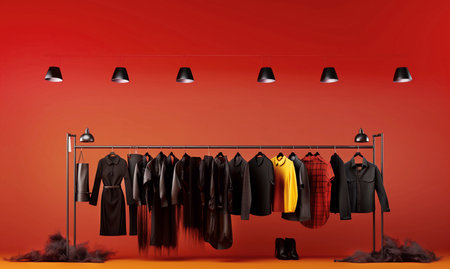 Black womens clothing hanging on a hangerの素材