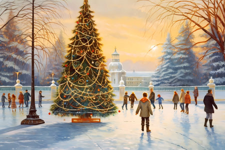 card painted in oil. People are skating on a winter skating rinkの素材