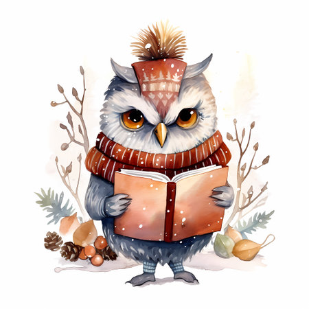 Serious owl reading a bookの素材
