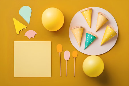 Yellow background made of paper horns and origami popsicles. View from above. Flat lay with yellow balloons. Place for text. Copy space. Minimal creative birthday concept.の素材