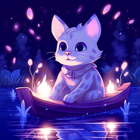 A cute cartoon cat sails on a boat in the evening surrounded by pink fireflies. Fairytale composition concept of animals traveling on water.Cute postcard for February 14th:the cat swims to his belovedの素材