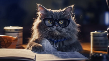 A cute fluffy cat with glasses and a collar sits opposite at the table with a book. Festive dinner with a cat. Romantic card with animal for Valentine's Dayの素材