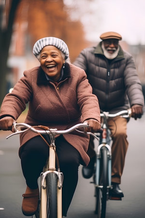 Happy married couple of black pensioners ride bicycles on the street. Family vacation, travel, valentine's day concept. Verticalの素材