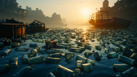 Plastic waste floats on the waterの素材