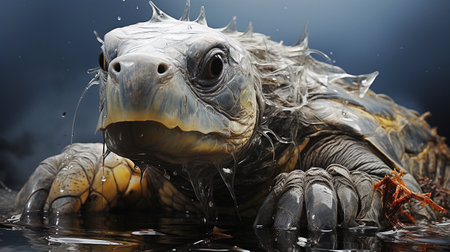 Close-up of a wet turtle jumping out of the water. Focus on the animals eyes. Blue background.の素材