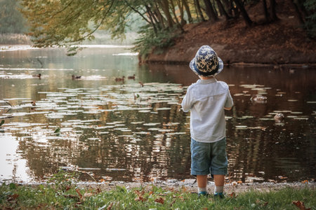 A boy stands by a pond with ducks in the water in a blue shirt, shorts and a hatの写真素材
