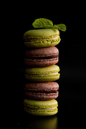 stack of five chocolate and pistachio macaroons on a dark background decorated with mintの写真素材