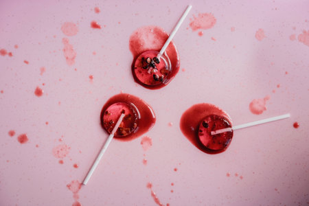 top view of three red lollipops with fruit on a stick in drops of red fruit juiceの写真素材