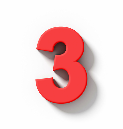 number 3 3D red isolated on white with shadow - orthogonal projection - 3d renderingの写真素材