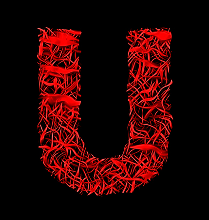 letter U red artistic fiber mesh style isolated on black backgroundの写真素材