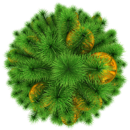 Christmas tree - top view - decorated with golden Christmas balls - isolated on white - 3d renderingの写真素材