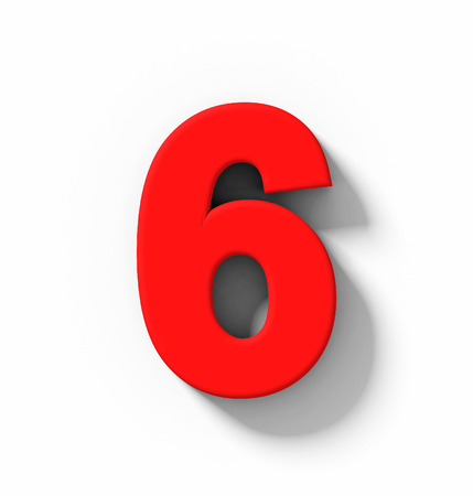 number 6 3D red isolated on white with shadow - orthogonal projection - 3d renderingの写真素材