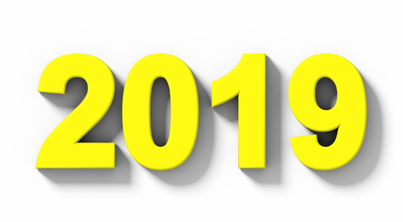year 2019 yellow 3d numbers with shadow isolated on white - orthogonal projection - 3d renderingの写真素材