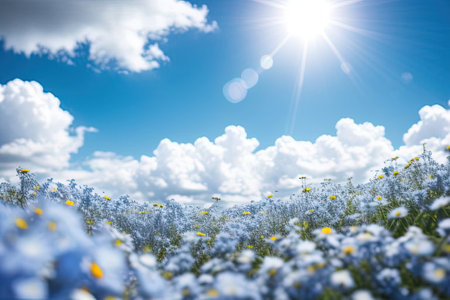 Blue sky with white clouds and sun shining above the meadow backgroundの素材
