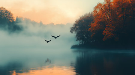 A foggy morning with two birds flying over a lake. The birds are silhouetted against the sky and the water. The scene is peaceful and serene, with the mist adding a sense of mysteryの素材