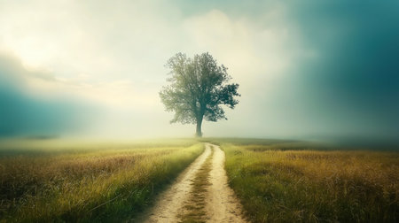 A tree stands in a field of grass with a foggy sky in the background. The scene is peaceful and serene, with the tree providing a sense of calmness and tranquilityの素材