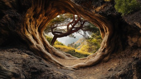 A tree is visible through a hole in a rock. The hole is large enough to see the tree and the surrounding area. Concept of mystery and wonder, as the viewer is able to see the treeの素材