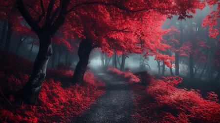 A serene forest scene with a path leading through it. The leaves on the trees are a vibrant red color, creating a warm and inviting atmosphereの素材