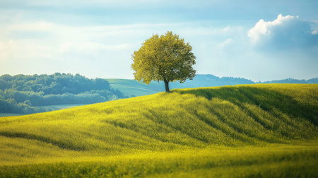 A tree stands in a field of tall grass. The sky is cloudy and the sun is shining through the clouds. The scene is peaceful and sereneの素材