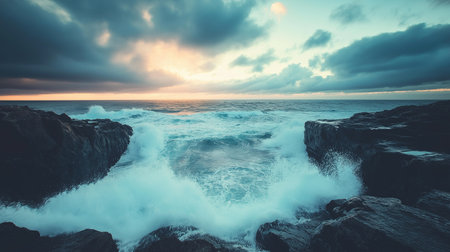 The ocean is rough and the sky is cloudy. The waves are crashing against the rocks. Scene is intense and powerfulの素材