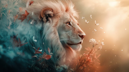 A lion is depicted in a painting with butterflies and flowers surrounding it. The painting has a whimsical and playful mood, with the lion appearing to be in a garden or a magical worldの素材