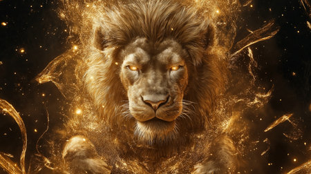 A lion with a golden mane and glowing eyes. The lion is surrounded by a lot of gold and fire, giving it a majestic and powerful appearanceの素材