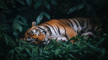 A tiger is sleeping in the jungle. The jungle is lush and green, with plenty of foliage and trees. The scene is peaceful and sereneの素材