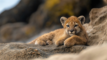 A baby puma is laying on a rock. Concept of peace and tranquility as the young animal rests on the rocky surfaceの素材