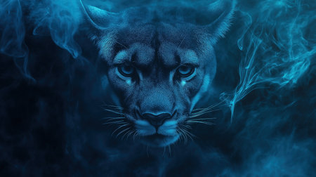 A puma's face is shown in a blue background with smoke. The puma has a menacing look on its face, and the smoke adds to the ominous atmosphereの素材