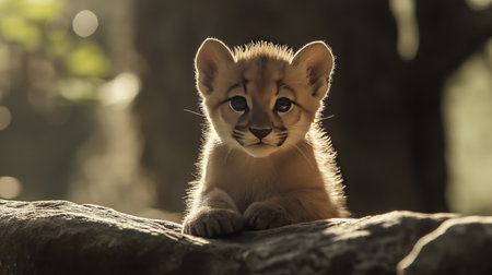 A baby puma is sitting on a rock. The baby puma is looking at the camera. Scene is cute and innocentの素材