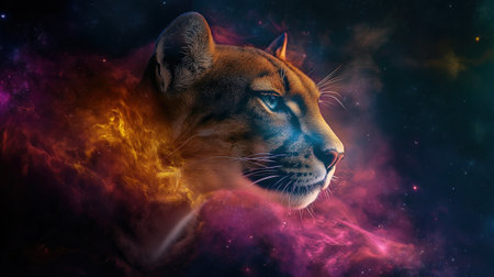 A puma is staring in a colorful backgroundの素材